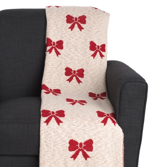 JINGLES & JOY Red Bow Knitted CHRISTMAS Holiday Throw Blanket Red and Beige - Picture 5 of 7